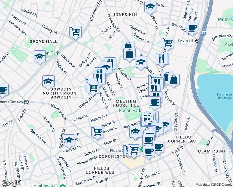 map of restaurants, bars, coffee shops, grocery stores, and more near 38 Fox Street in Boston