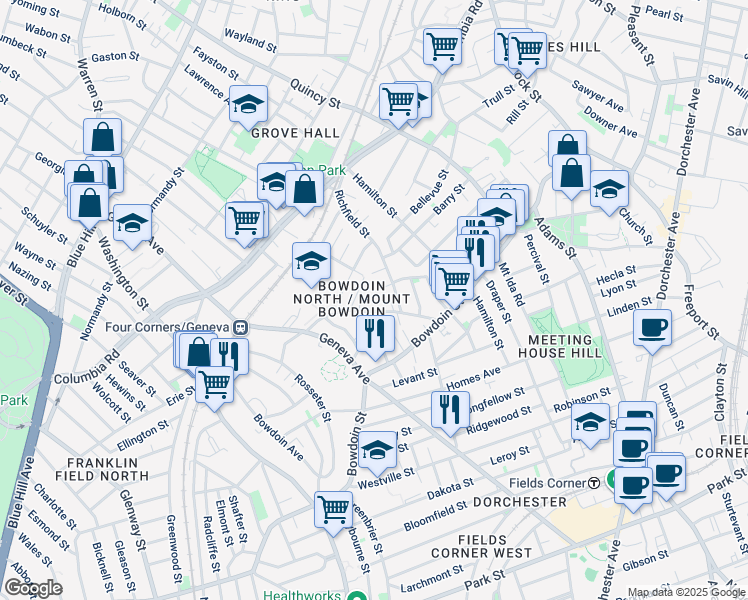 map of restaurants, bars, coffee shops, grocery stores, and more near in Boston