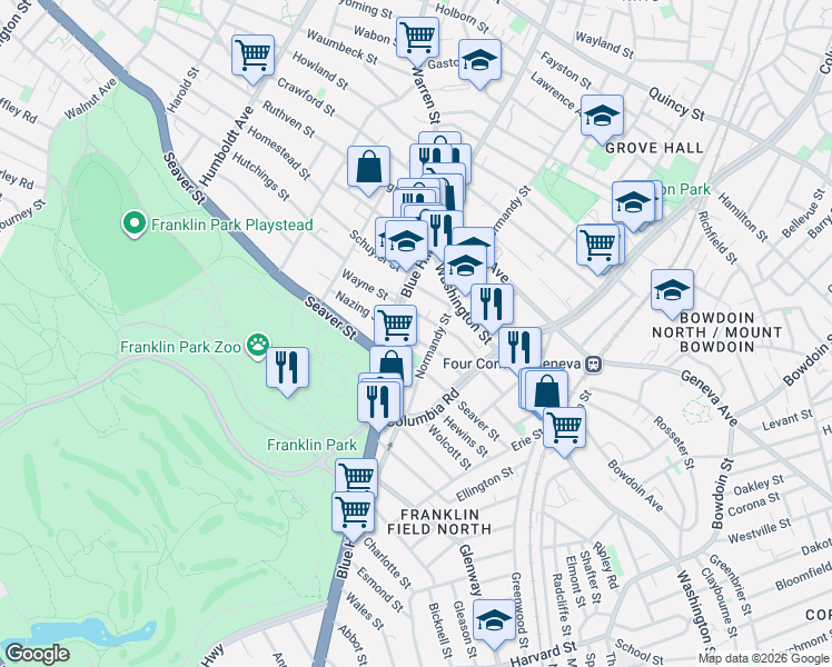 map of restaurants, bars, coffee shops, grocery stores, and more near 51 Pasadena Road in Boston