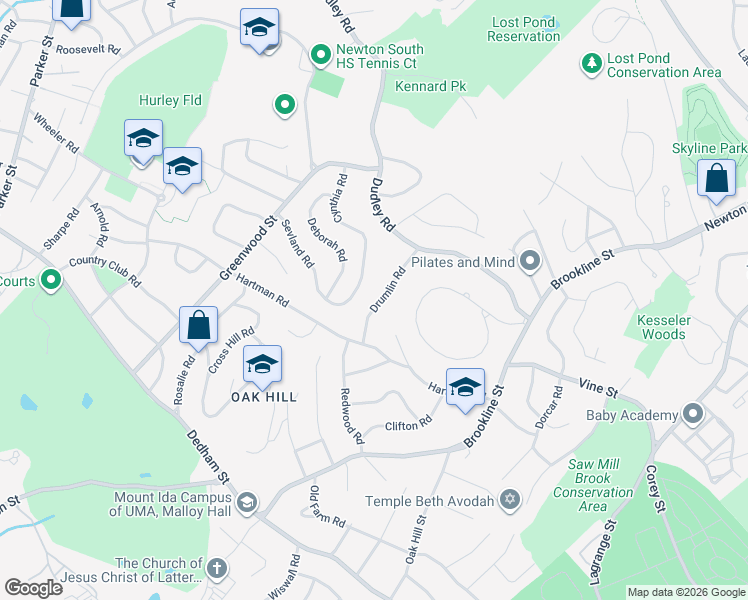map of restaurants, bars, coffee shops, grocery stores, and more near 54 Drumlin Road in Newton