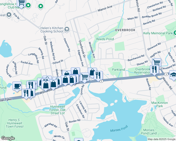 map of restaurants, bars, coffee shops, grocery stores, and more near 28 Edgemoor Circle in Wellesley