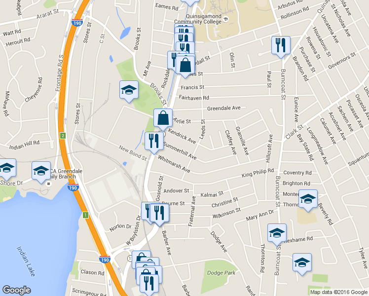 map of restaurants, bars, coffee shops, grocery stores, and more near 38 Kendrick Avenue in Worcester