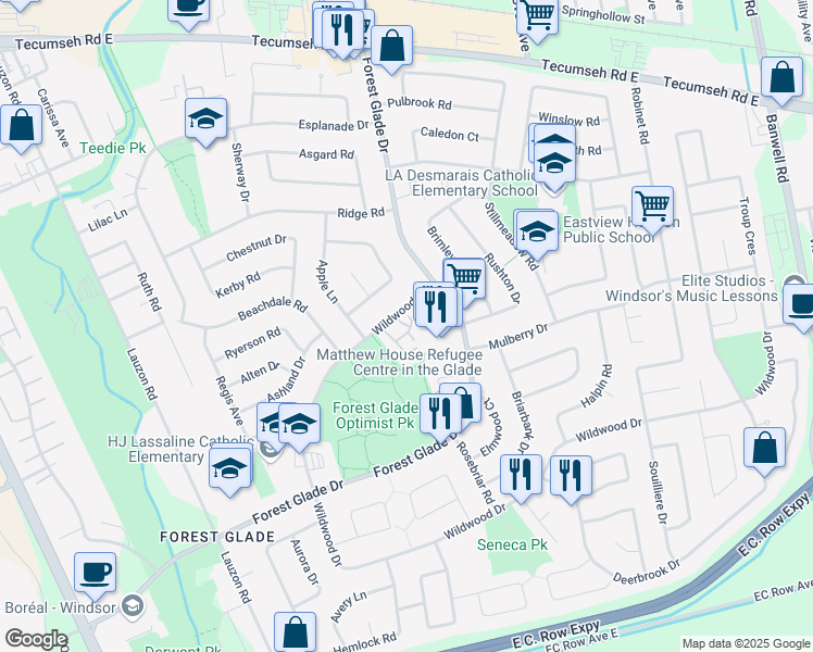 map of restaurants, bars, coffee shops, grocery stores, and more near 2930 Wildwood Drive in Windsor
