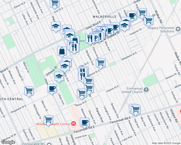 map of restaurants, bars, coffee shops, grocery stores, and more near 1066 Shepherd Street East in Windsor