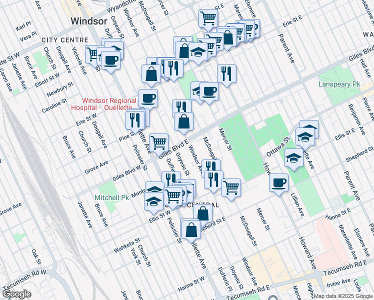 map of restaurants, bars, coffee shops, grocery stores, and more near 1239 Windsor Avenue in Windsor