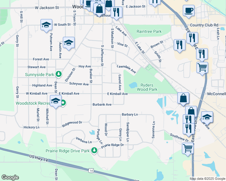 map of restaurants, bars, coffee shops, grocery stores, and more near 509 East Kimball Avenue in Woodstock