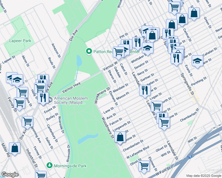 map of restaurants, bars, coffee shops, grocery stores, and more near 1922 Elsmere Street in Detroit