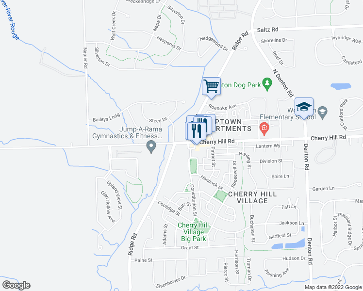map of restaurants, bars, coffee shops, grocery stores, and more near 50525 Cherry Hill Road in Canton