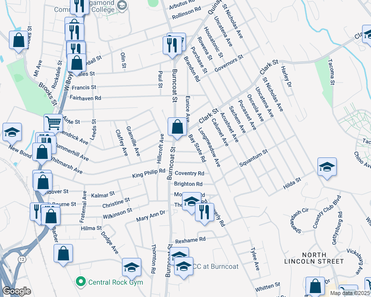 map of restaurants, bars, coffee shops, grocery stores, and more near 15 Devens Road in Worcester