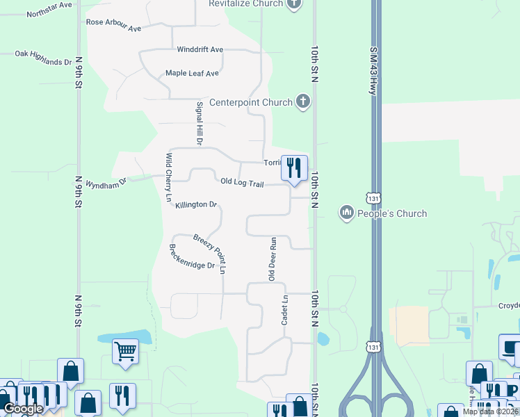 map of restaurants, bars, coffee shops, grocery stores, and more near 6170 Thunder Bluff Road in Kalamazoo