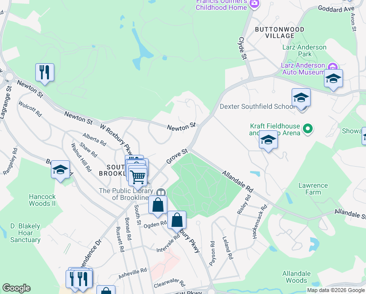 map of restaurants, bars, coffee shops, grocery stores, and more near in Brookline