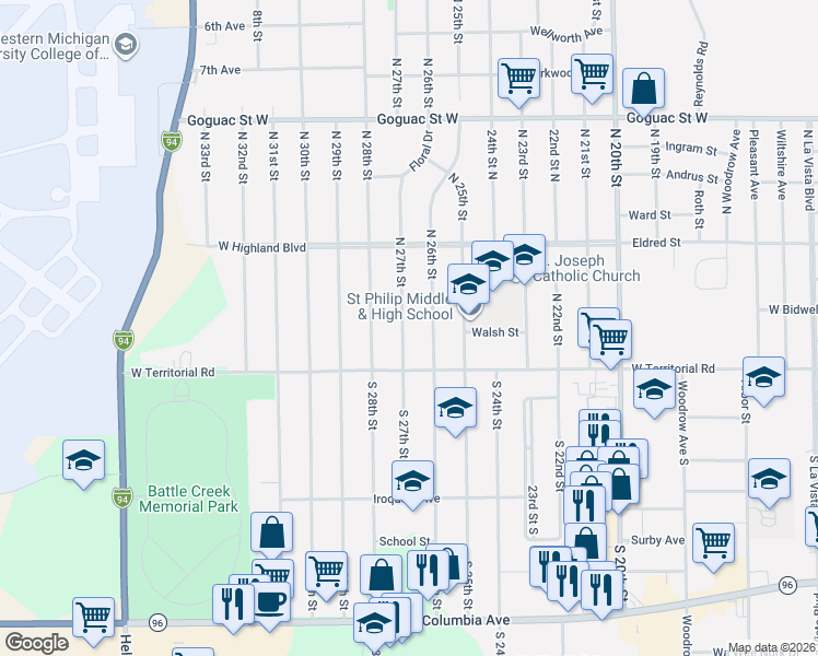 map of restaurants, bars, coffee shops, grocery stores, and more near 24 North 27th Street in Battle Creek