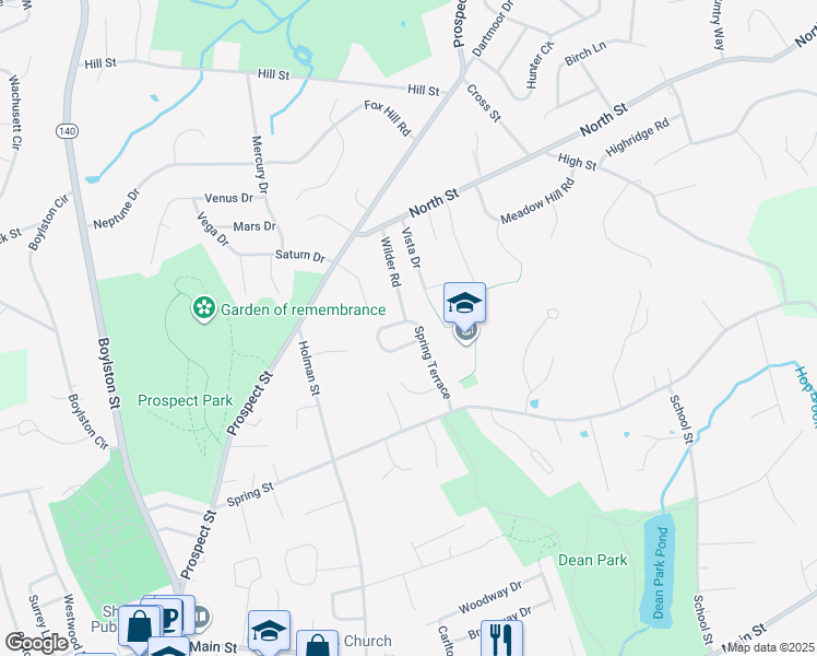 map of restaurants, bars, coffee shops, grocery stores, and more near 41 Spring Terrace in Shrewsbury
