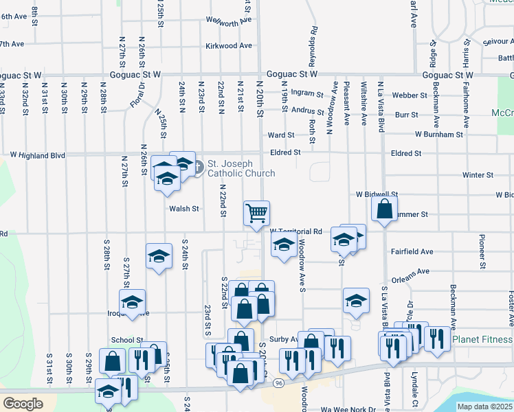 map of restaurants, bars, coffee shops, grocery stores, and more near 27 North 20th Street in Battle Creek
