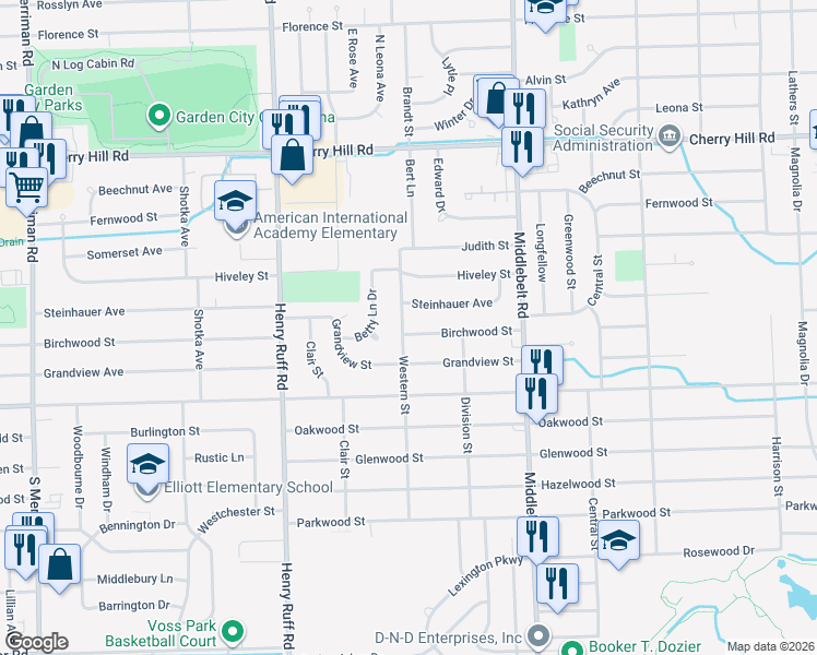 map of restaurants, bars, coffee shops, grocery stores, and more near 29700 Birchwood Street in Inkster