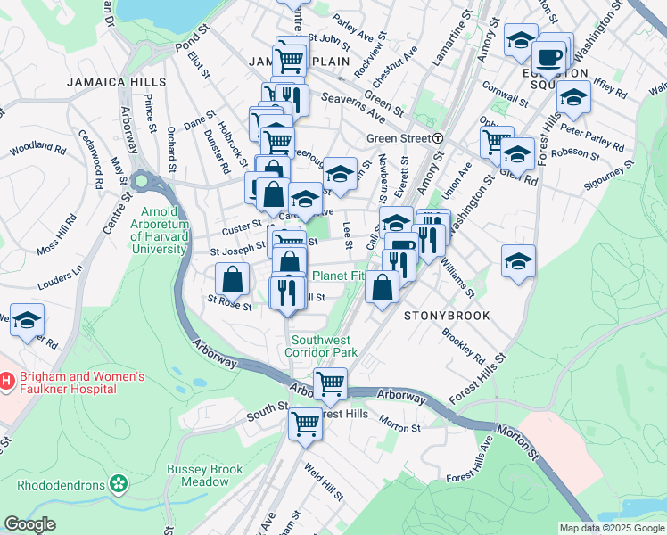 map of restaurants, bars, coffee shops, grocery stores, and more near 71 McBride Street in Boston