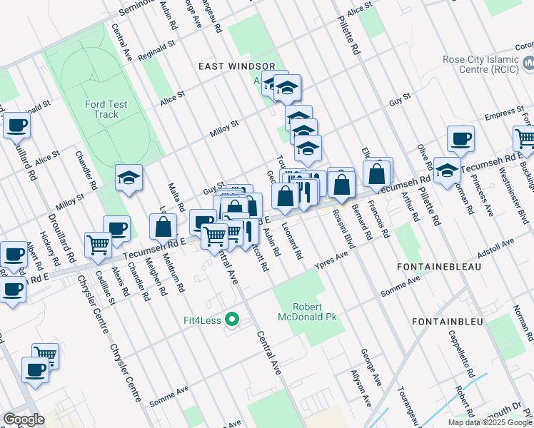 map of restaurants, bars, coffee shops, grocery stores, and more near 3900 Tecumseh Road East in Windsor