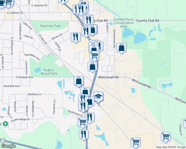 map of restaurants, bars, coffee shops, grocery stores, and more near 991 McConnell Road in Woodstock
