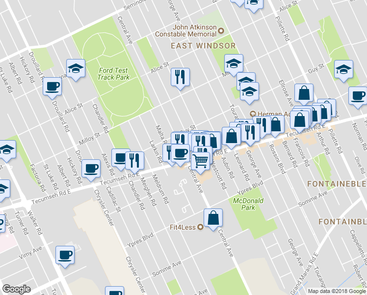 map of restaurants, bars, coffee shops, grocery stores, and more near 1950 Central Avenue in Windsor