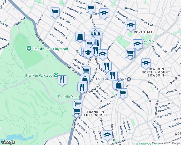 map of restaurants, bars, coffee shops, grocery stores, and more near 51 Pasadena Road in Boston