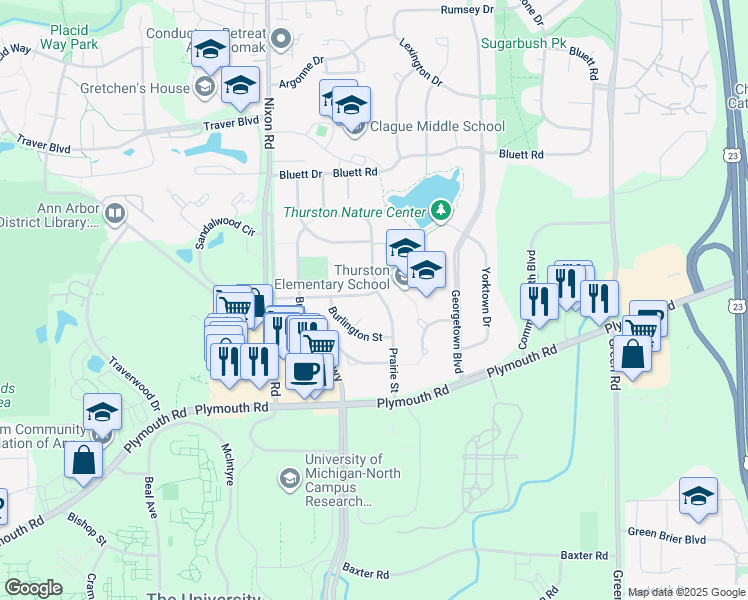 map of restaurants, bars, coffee shops, grocery stores, and more near 2970 Aurora Street in Ann Arbor