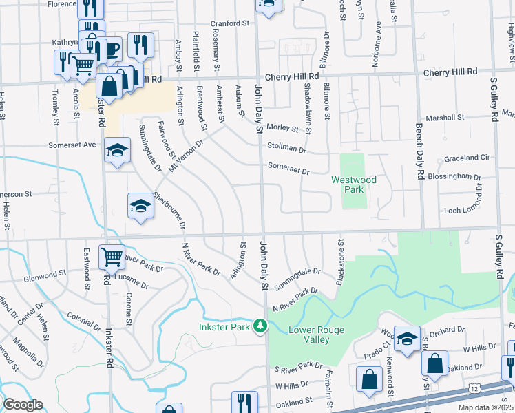 map of restaurants, bars, coffee shops, grocery stores, and more near 768 John Daly Street in Inkster