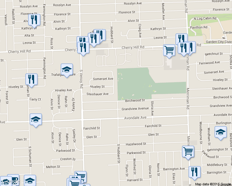 map of restaurants, bars, coffee shops, grocery stores, and more near 755 South Hubbard Street in Westland