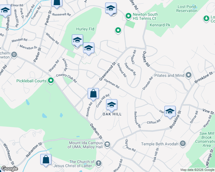 map of restaurants, bars, coffee shops, grocery stores, and more near 135 Rosalie Road in Newton