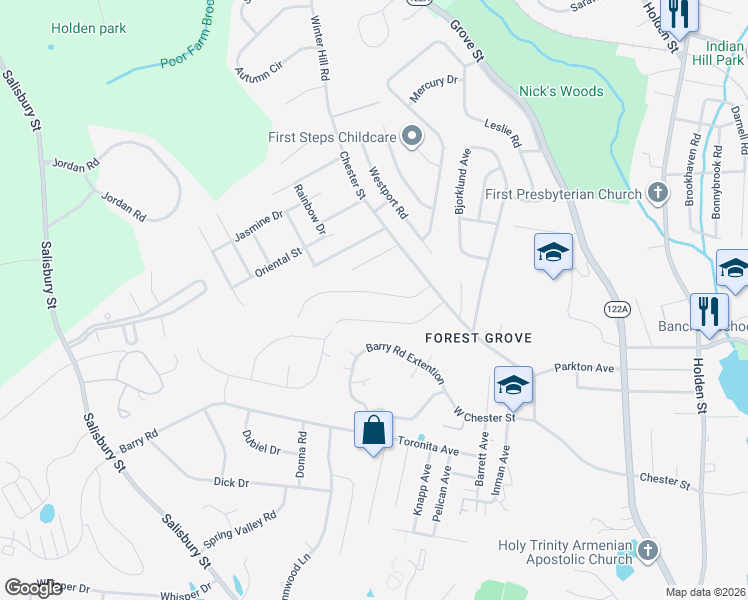 map of restaurants, bars, coffee shops, grocery stores, and more near 15 Laurelwood Drive in Worcester