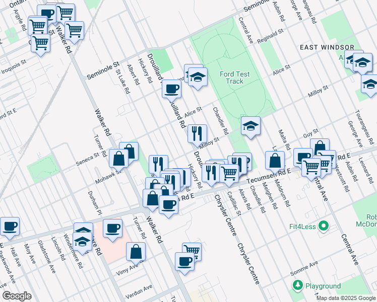 map of restaurants, bars, coffee shops, grocery stores, and more near 1794 Milloy Street in Windsor