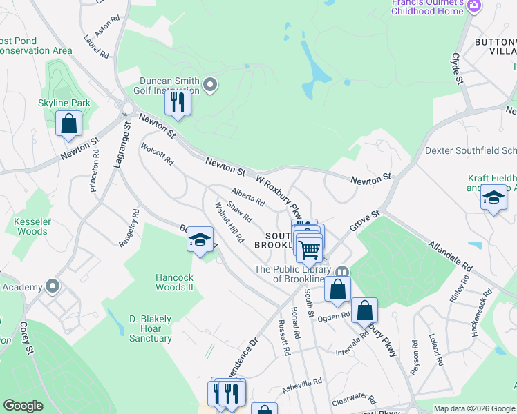 map of restaurants, bars, coffee shops, grocery stores, and more near 46 Alberta Road in Brookline