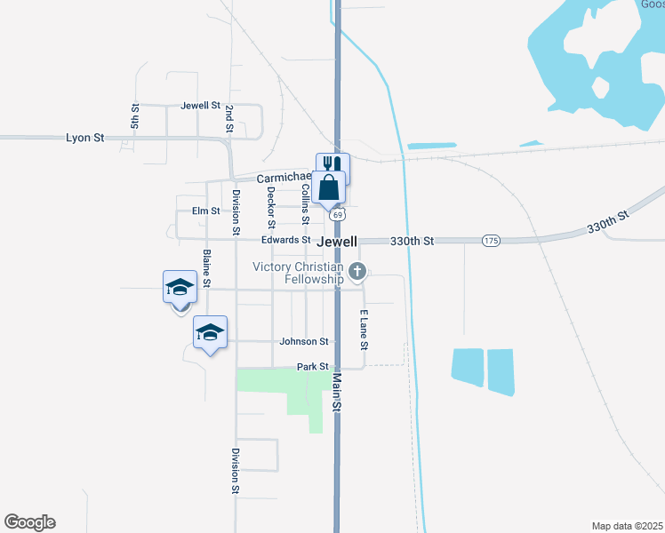 map of restaurants, bars, coffee shops, grocery stores, and more near 521 Main Street in Jewell