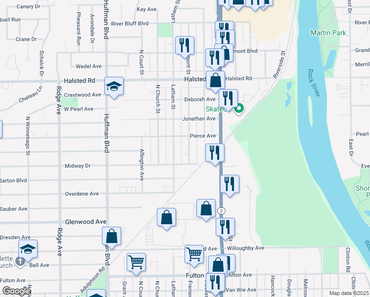 map of restaurants, bars, coffee shops, grocery stores, and more near 3026 Ruth Street in Rockford