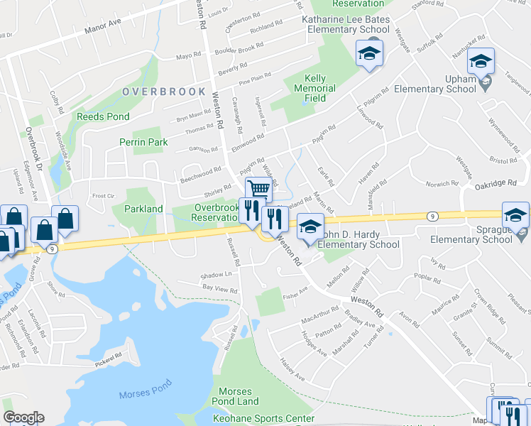 map of restaurants, bars, coffee shops, grocery stores, and more near 329 Weston Road in Wellesley
