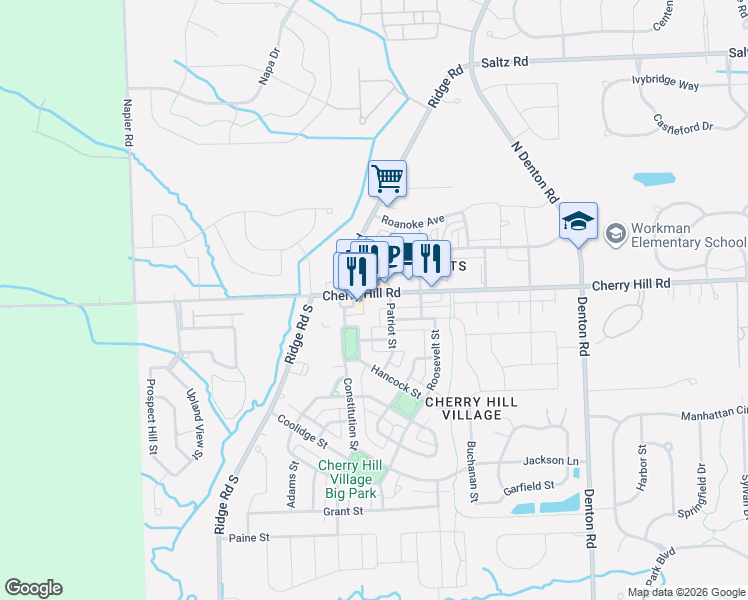 map of restaurants, bars, coffee shops, grocery stores, and more near 50325 Cherry Hill Road in Canton