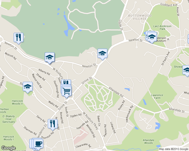map of restaurants, bars, coffee shops, grocery stores, and more near Grove St & Allandale Rd in Brookline