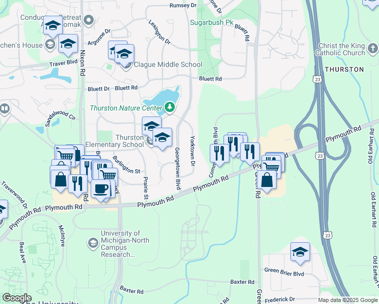map of restaurants, bars, coffee shops, grocery stores, and more near 2147 Yorktown Drive in Ann Arbor