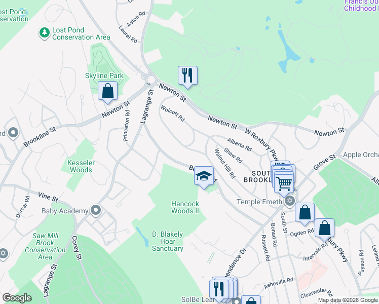 map of restaurants, bars, coffee shops, grocery stores, and more near 34 Wolcott Road Extension in Brookline