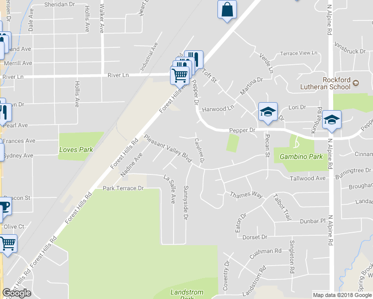 map of restaurants, bars, coffee shops, grocery stores, and more near 3412 Pleasant Valley Boulevard in Rockford