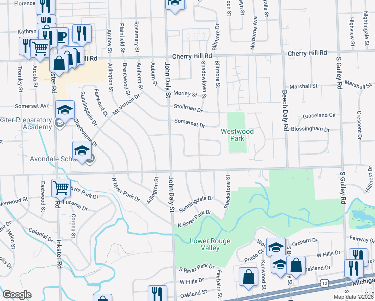 map of restaurants, bars, coffee shops, grocery stores, and more near 26482 Monticello Street in Inkster