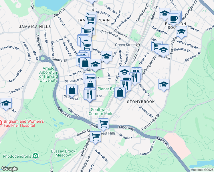 map of restaurants, bars, coffee shops, grocery stores, and more near 85 McBride Street in Boston