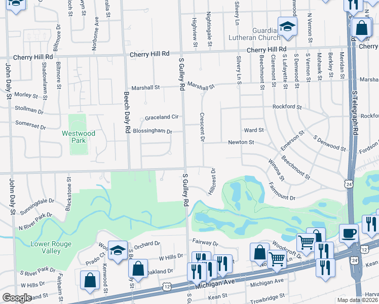 map of restaurants, bars, coffee shops, grocery stores, and more near 837 South Gulley Road in Dearborn
