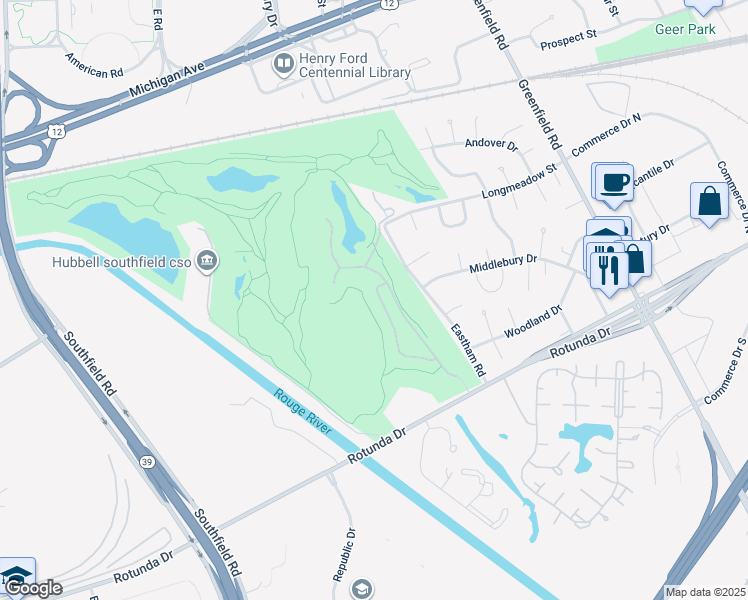 map of restaurants, bars, coffee shops, grocery stores, and more near 43 Turnberry Lane in Dearborn