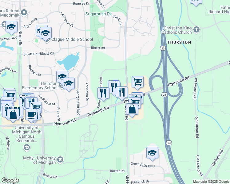 map of restaurants, bars, coffee shops, grocery stores, and more near 3425 Plymouth Road in Ann Arbor