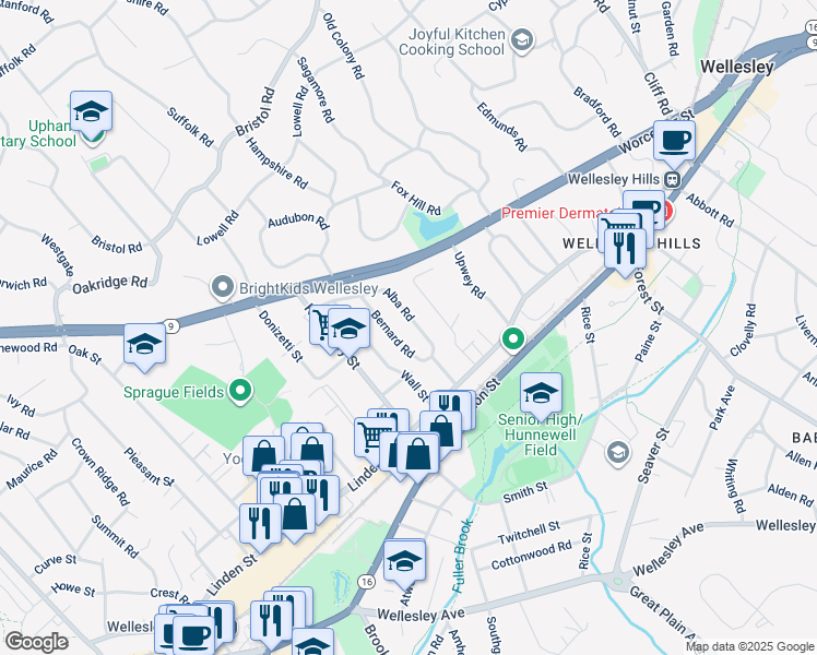 map of restaurants, bars, coffee shops, grocery stores, and more near 30 Alba Road in Wellesley