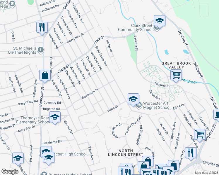 map of restaurants, bars, coffee shops, grocery stores, and more near 152 Uncatena Avenue in Worcester
