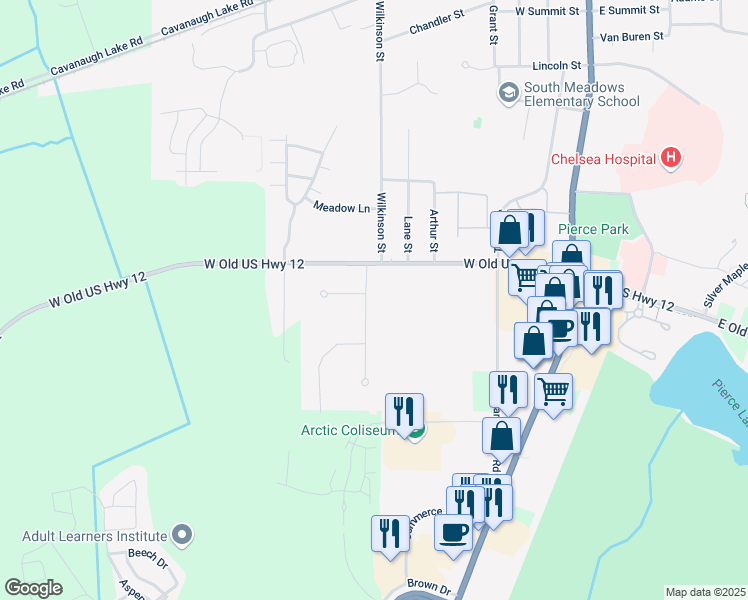 map of restaurants, bars, coffee shops, grocery stores, and more near 1121 Gene Drive in Chelsea