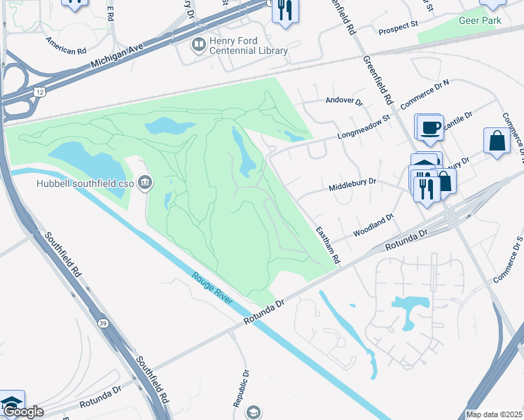 map of restaurants, bars, coffee shops, grocery stores, and more near 43 Turnberry Lane in Dearborn
