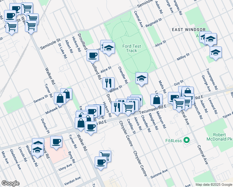 map of restaurants, bars, coffee shops, grocery stores, and more near 1814 Cadillac Street in Windsor