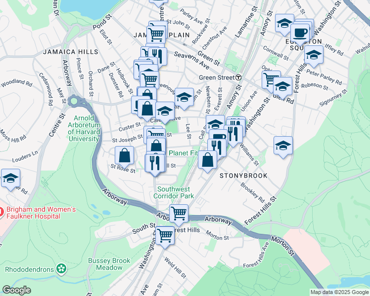 map of restaurants, bars, coffee shops, grocery stores, and more near 85 McBride Street in Boston